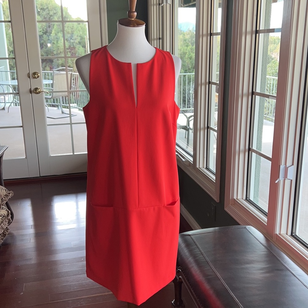 Antonio Melani Sleeveless Shift Jumper Style Dress Size 10 Orange Pockets